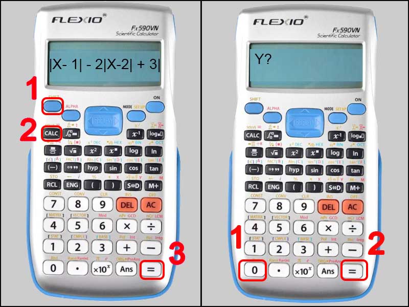 Cách nhập và tính giá trị phương trình |x- 1| - 2|x-2| + 3|x-3| + |6y| = 4 vào máy tính cầm tay